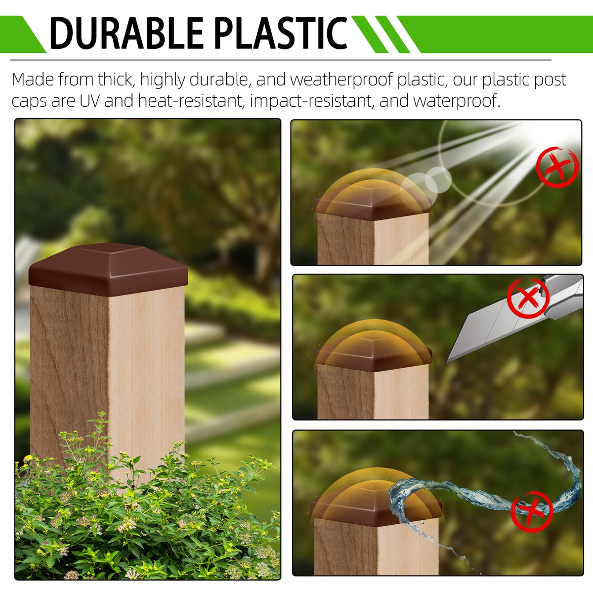 TonGass UV-tested post cap provides durable weatherproof protection for wooden poles.