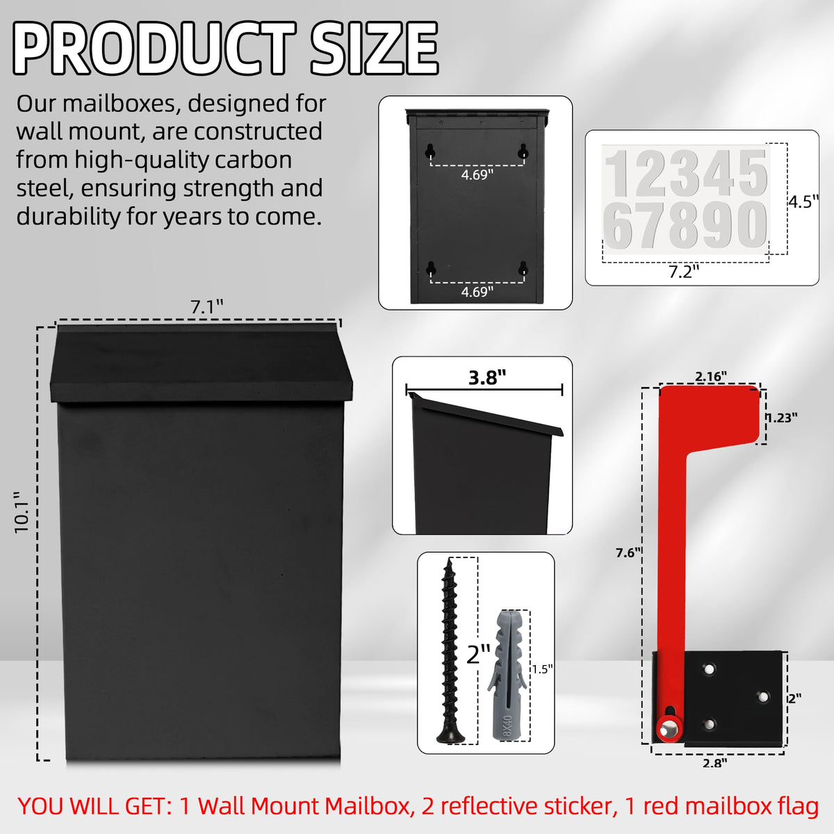 TonGass wall-mount mailbox side view highlights weather-ready steel construction.