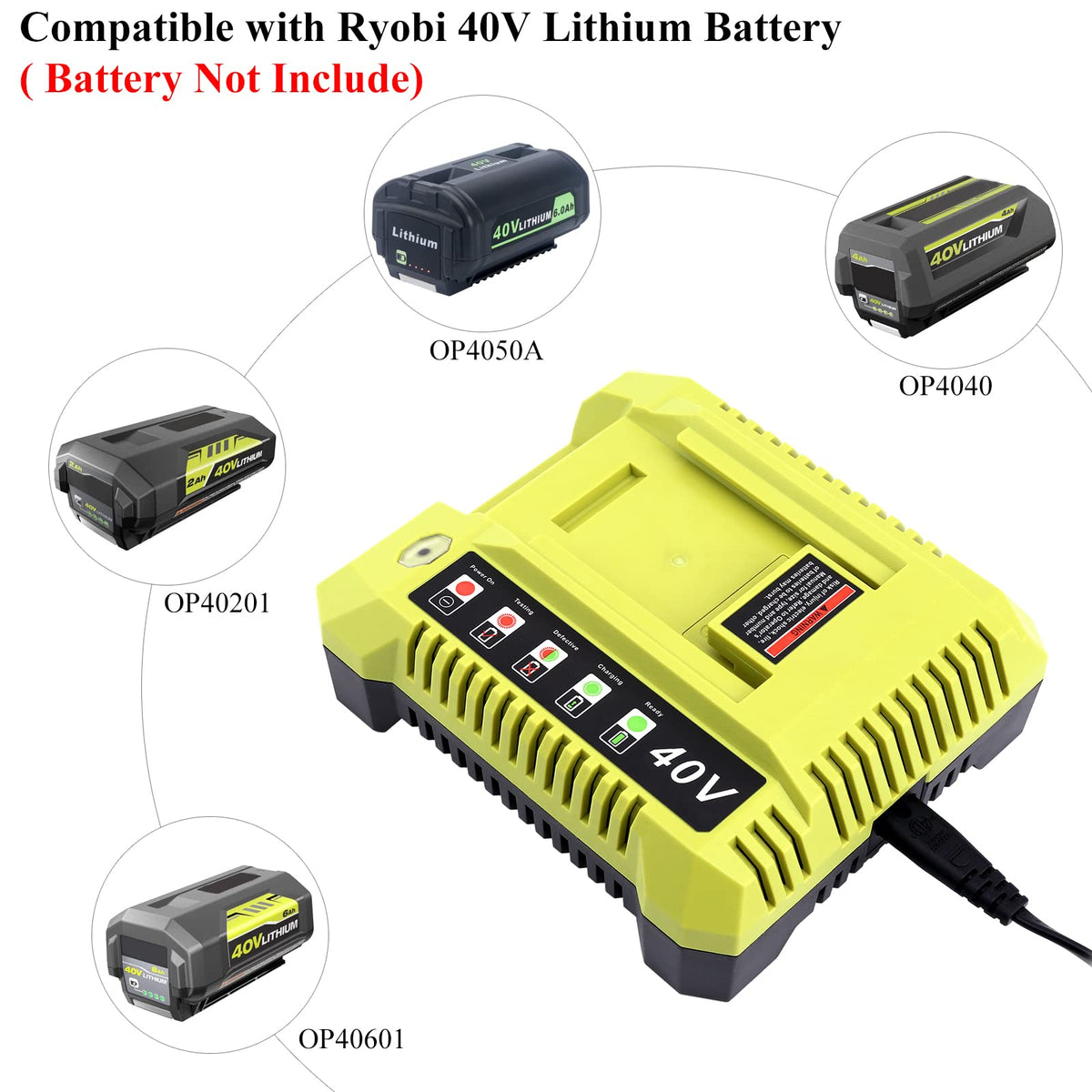 Tongshcorp Ryobi 40V charger compatibility for OP4030 and related packs