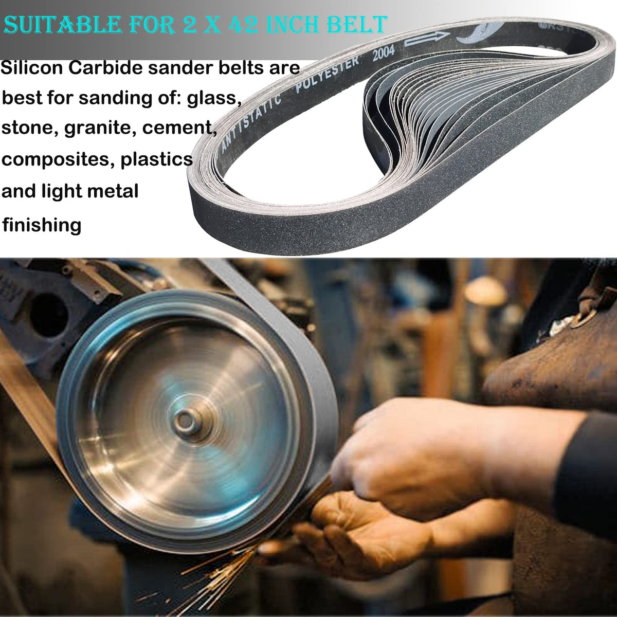 Tonmp 18-pack silicon carbide sanding belts in workshop for versatile wet or dry sanding