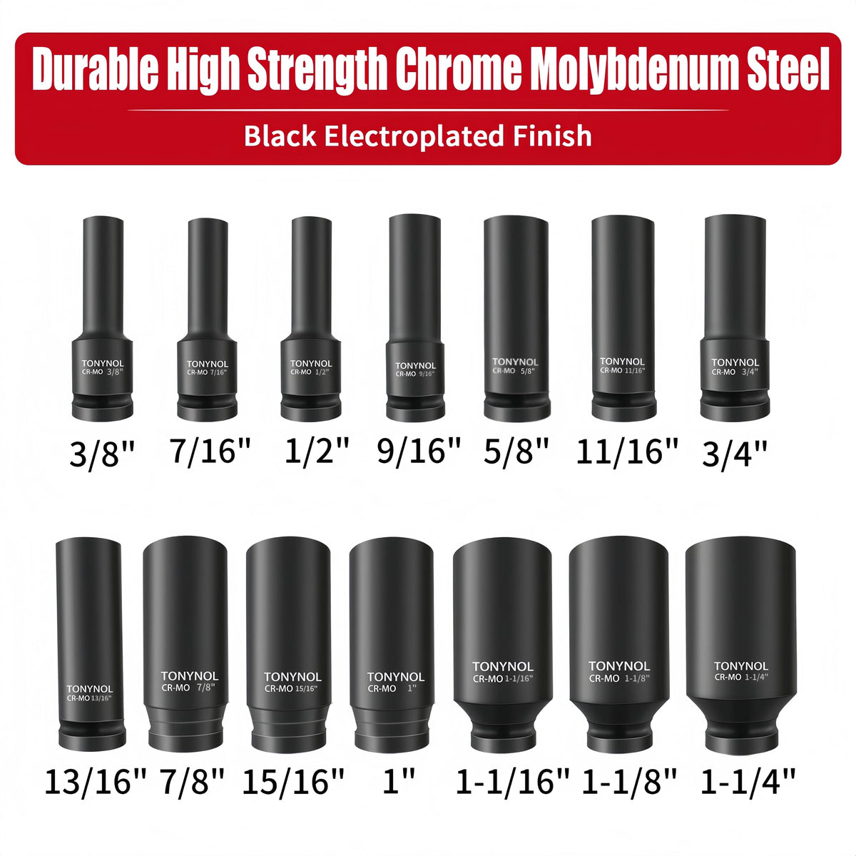 TONYNOL deep drive socket set one-half-inch with six-point grip improves torque control