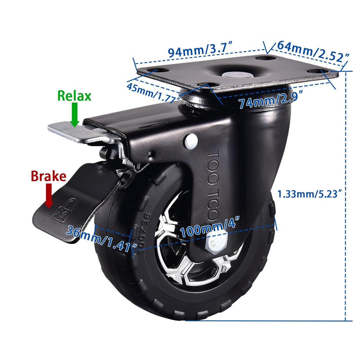 TOO TCO brake-equipped caster wheels prevent unwanted movement on a workshop cart.