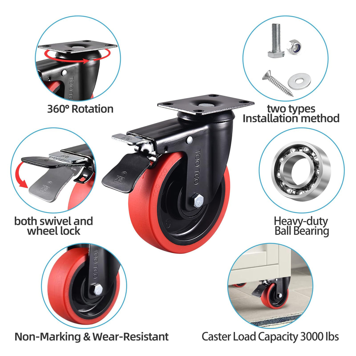 TOO TCO 5-inch swivel caster on a cart delivering smooth rolling and quick stop.