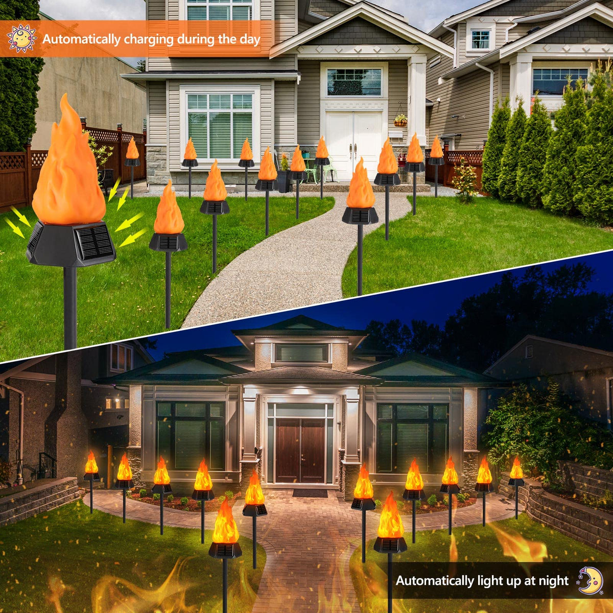 Toodour dusk-to-dawn solar torch lights switch on automatically at dusk.