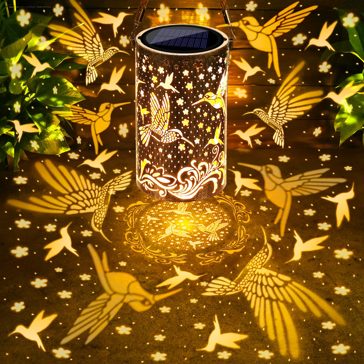 Toodour hanging lantern lights up pathways with hummingbird motif.