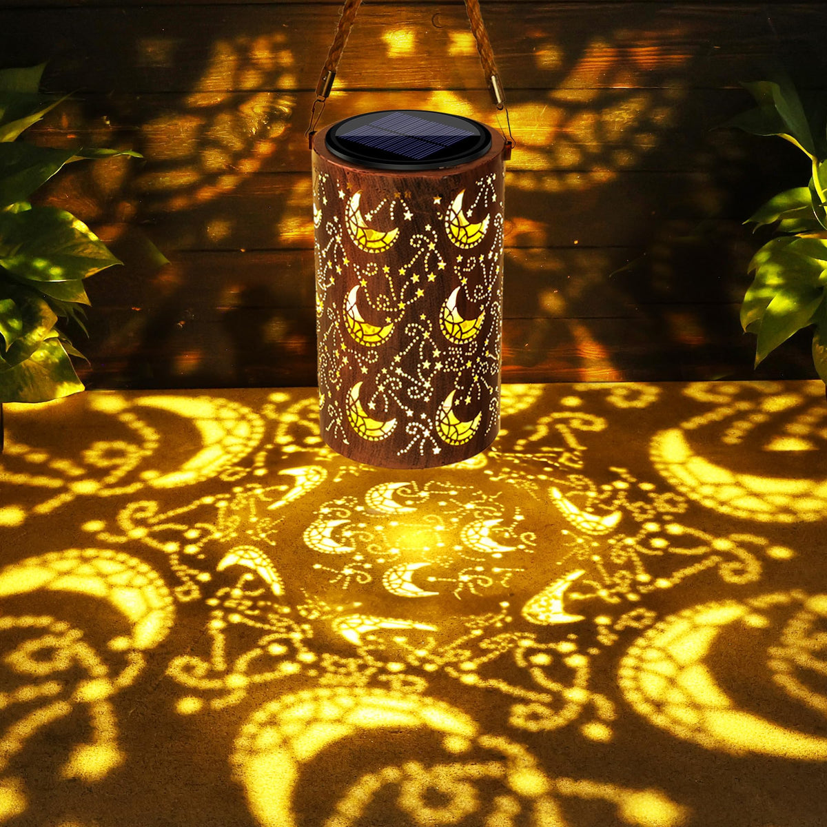 Toodour Solar Lantern moon-pattern glow enhances patio ambiance
