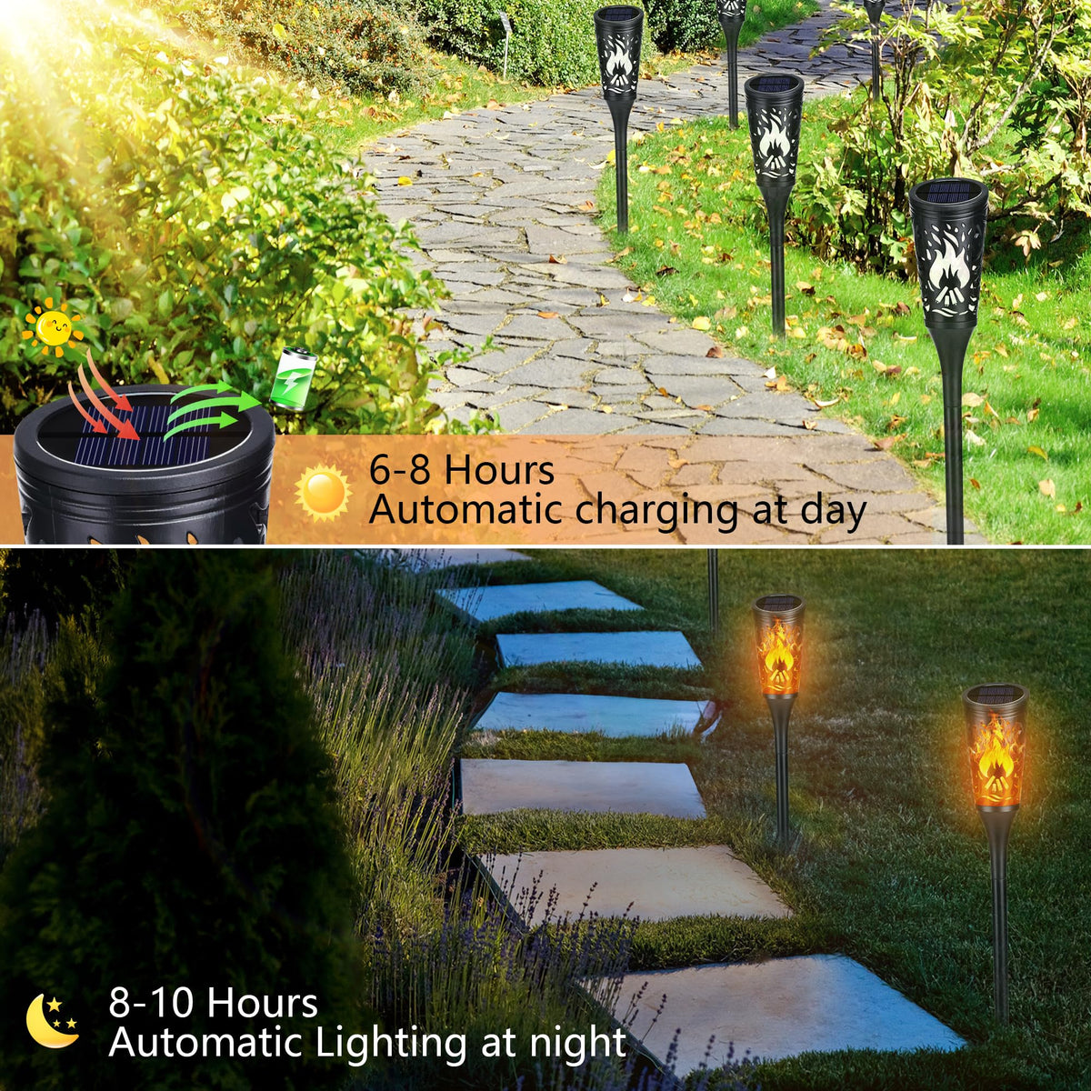 Toodour solar torches glow warmly along garden paths for inviting evenings.