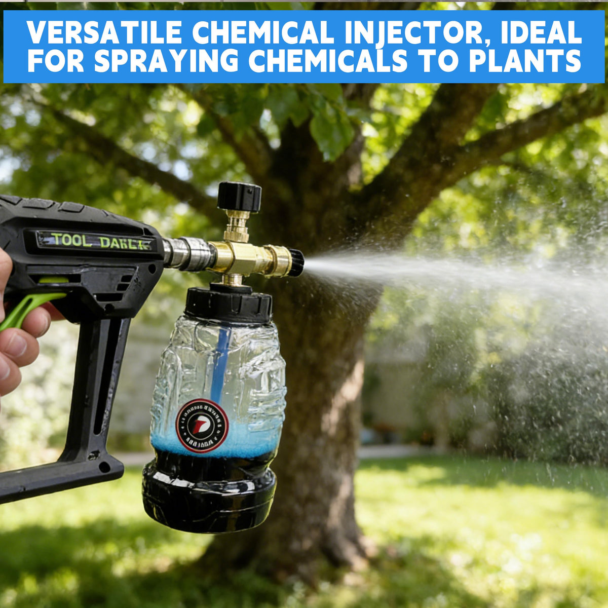 Tool Daily black soap nozzle designed for chemical injector compatibility.
