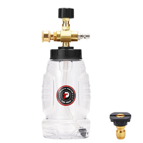 Tool Daily chemical injector bottle attached to pressure washer for integrated dispensing.