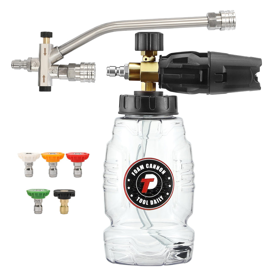 Tool Daily foam cannon with dual connector for smooth water flow during washing.