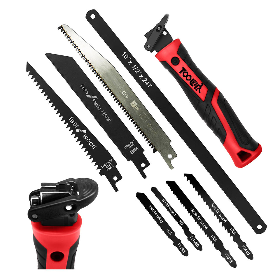TOOLAN 8-in-1 hand saw with red ergonomic handle for comfortable grip