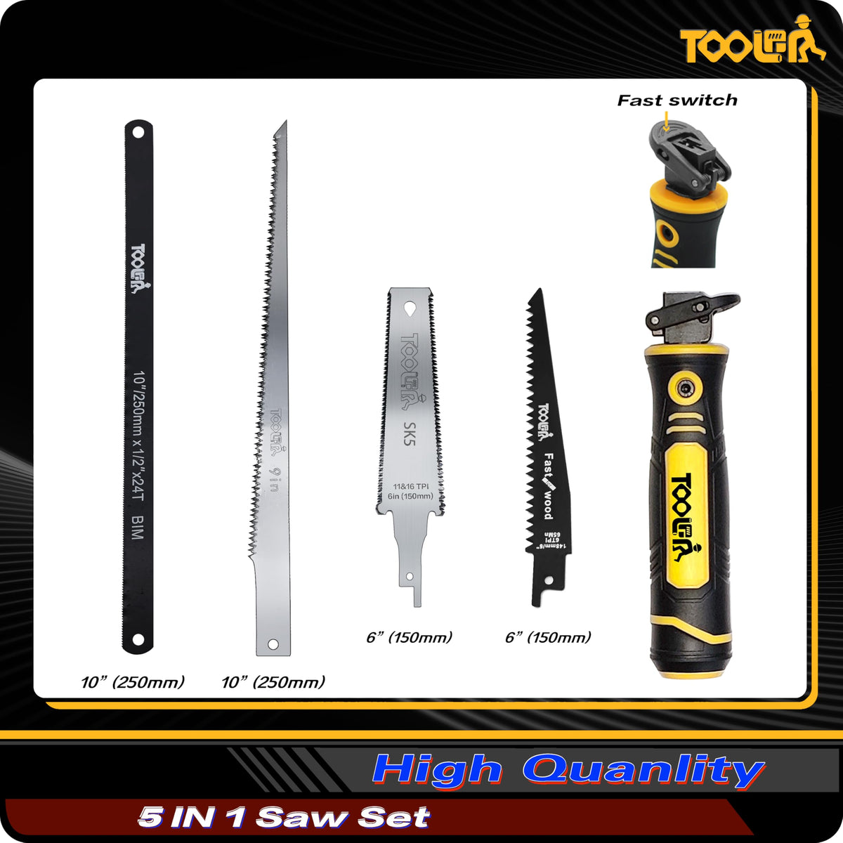 Toolan blade quick-change mechanism enables fast blade swaps safely.