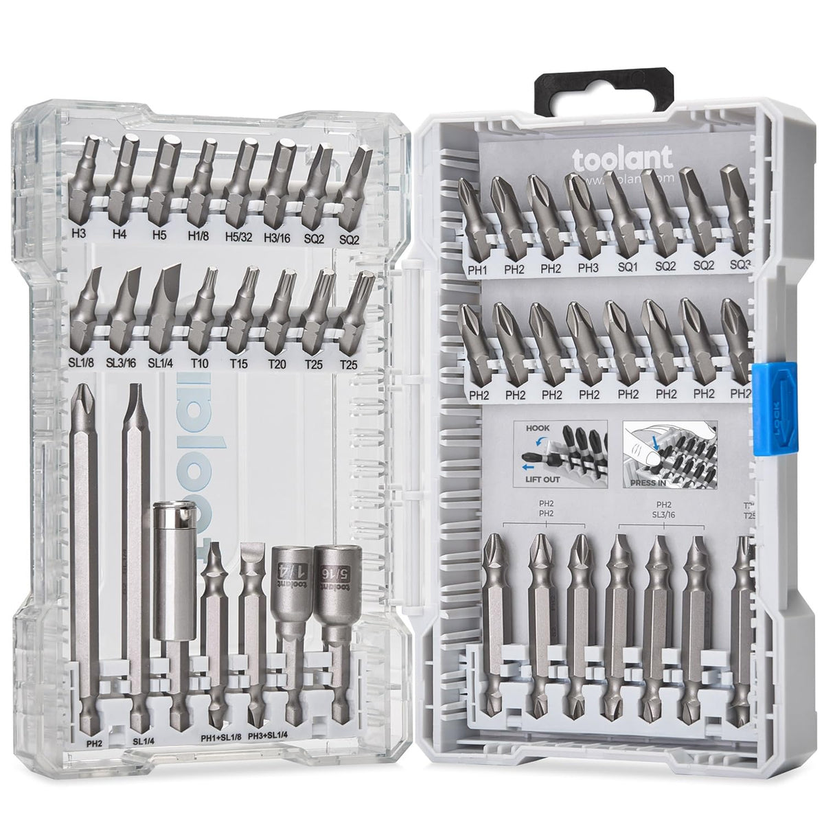 Toolant 46-piece bit set in case ready for quick furniture assembly tasks.