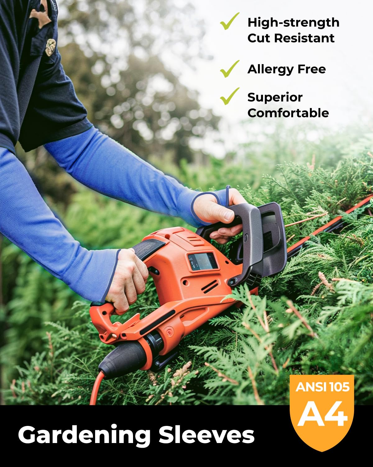 Toolant blue arm protectors shown on arm for gardening and outdoor work