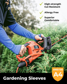 Toolant blue arm protectors shown on arm for gardening and outdoor work