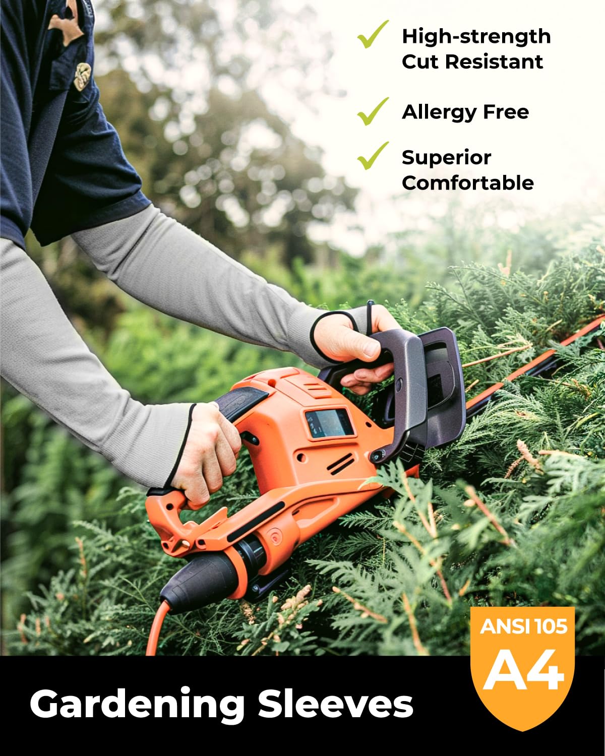 Toolant arm protectors in garden scene ideal for pruning and thorny plants.