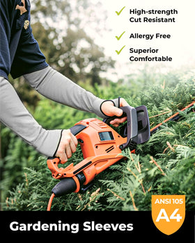 Toolant arm protectors in garden scene ideal for pruning and thorny plants.