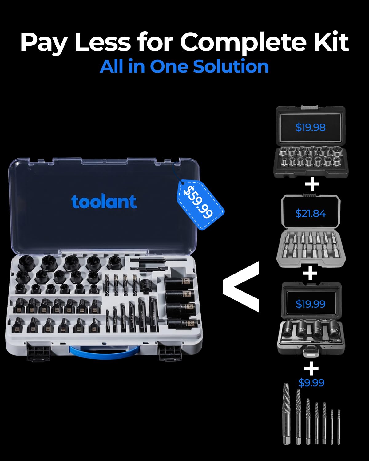 Toolant bolt extractor kit showing size range for versatile bolts