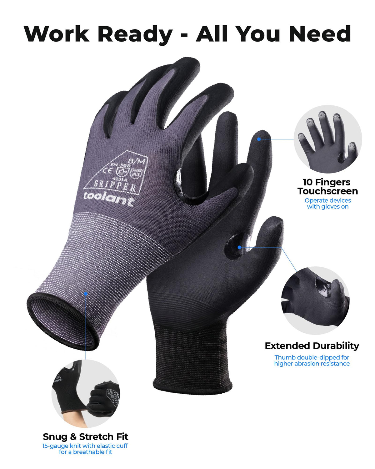 Toolant CE EN388 certified gloves for reliable abrasion resistance.