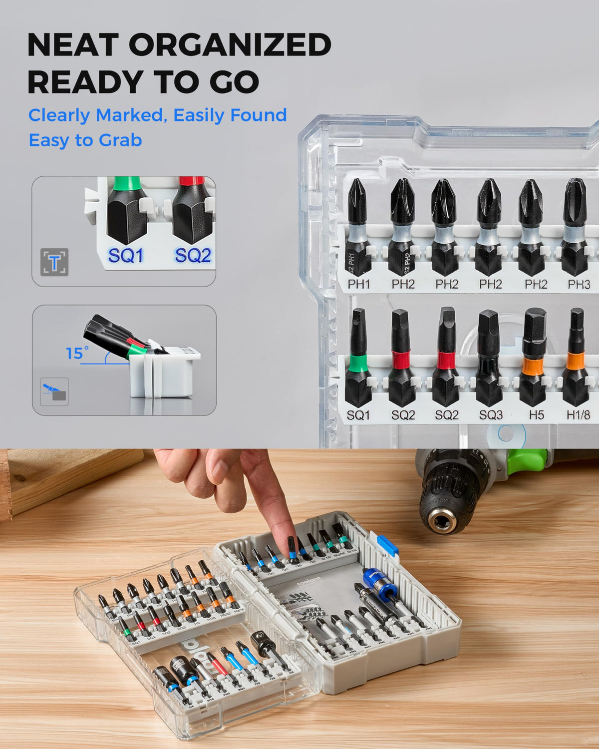 Toolant color-coded rings on bits for fast size identification.