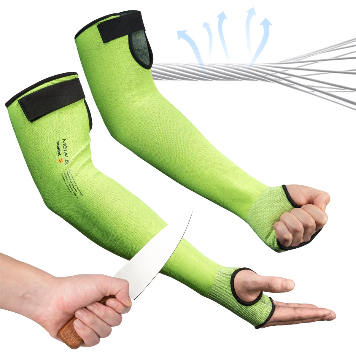 Toolant cut resistant sleeves with thumb hole on arm offering secure fit and protection