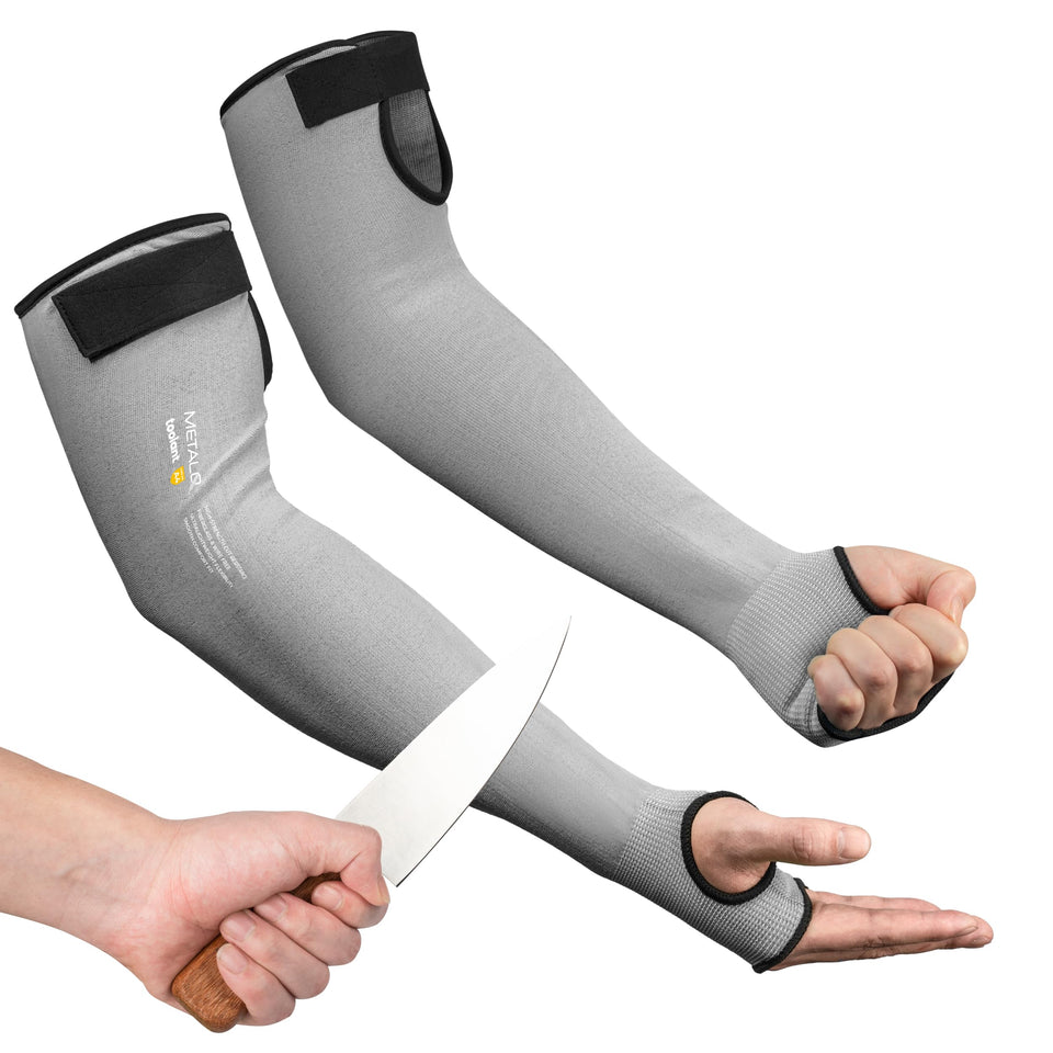 Toolant cut-resistant sleeve close-up with thumb hole showing ANSI level 4 protection for sharp objects.