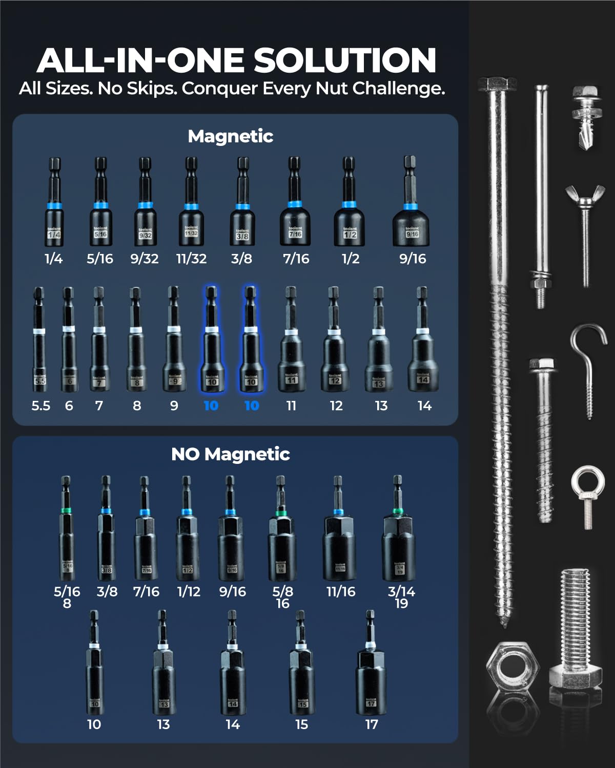 Toolant deep nut driver set from 1/4 to 3/4 inch handles tough fasteners.
