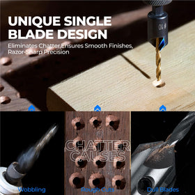 Toolant hex shank countersink with chamfer cutter for stable one step drilling.