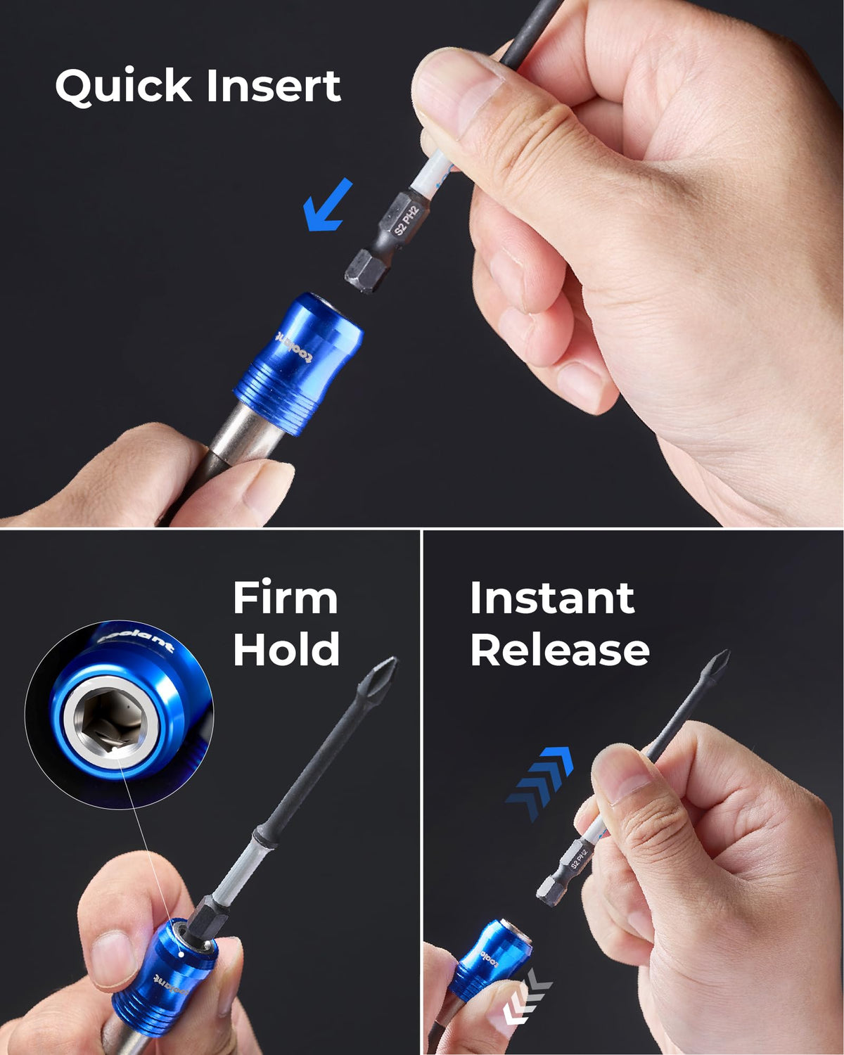 Toolant magnetic drill bit extension in 12-inch provides long reach and smooth bit alignment.