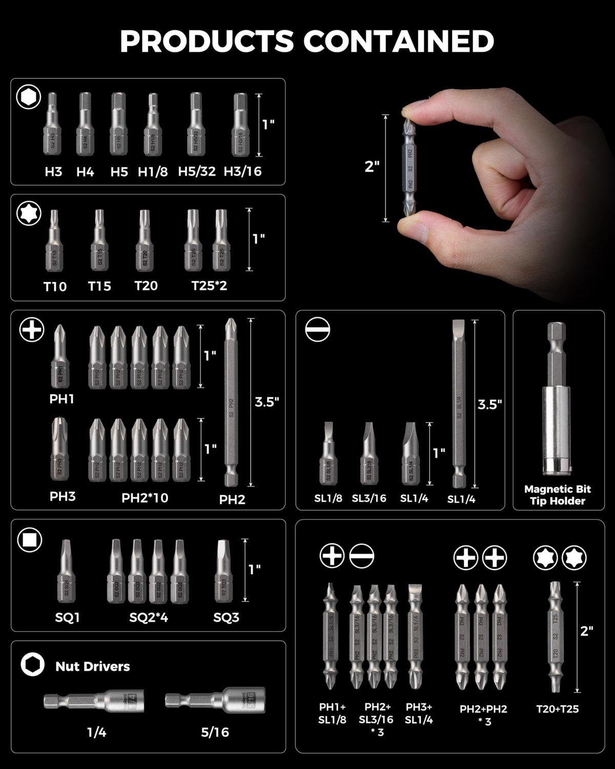 Toolant magnetic tips securing screws with one handed efficiency.