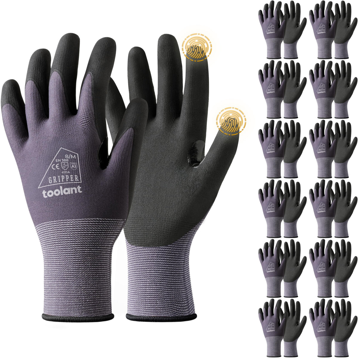 Toolant microfoam nitrile-coated glove palm grip enhances control in wet and oily tasks.