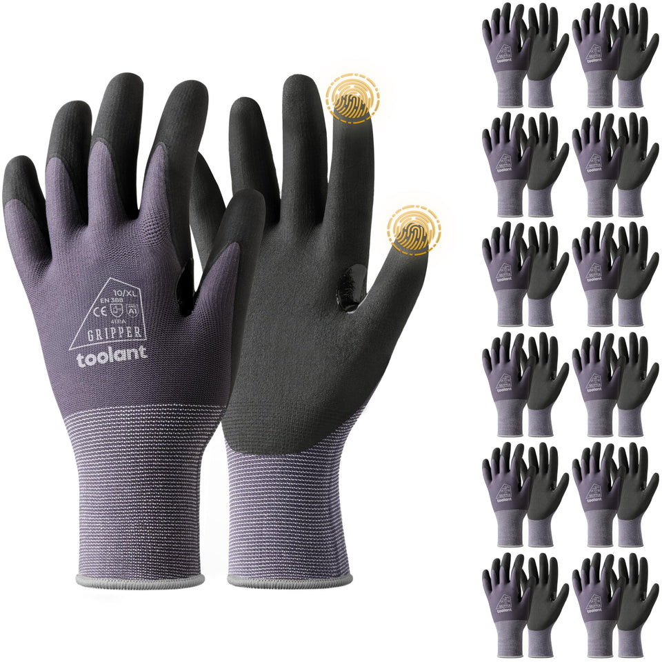 Toolant microfoam nitrile gloves with breathable nylon liner for all-day comfort.