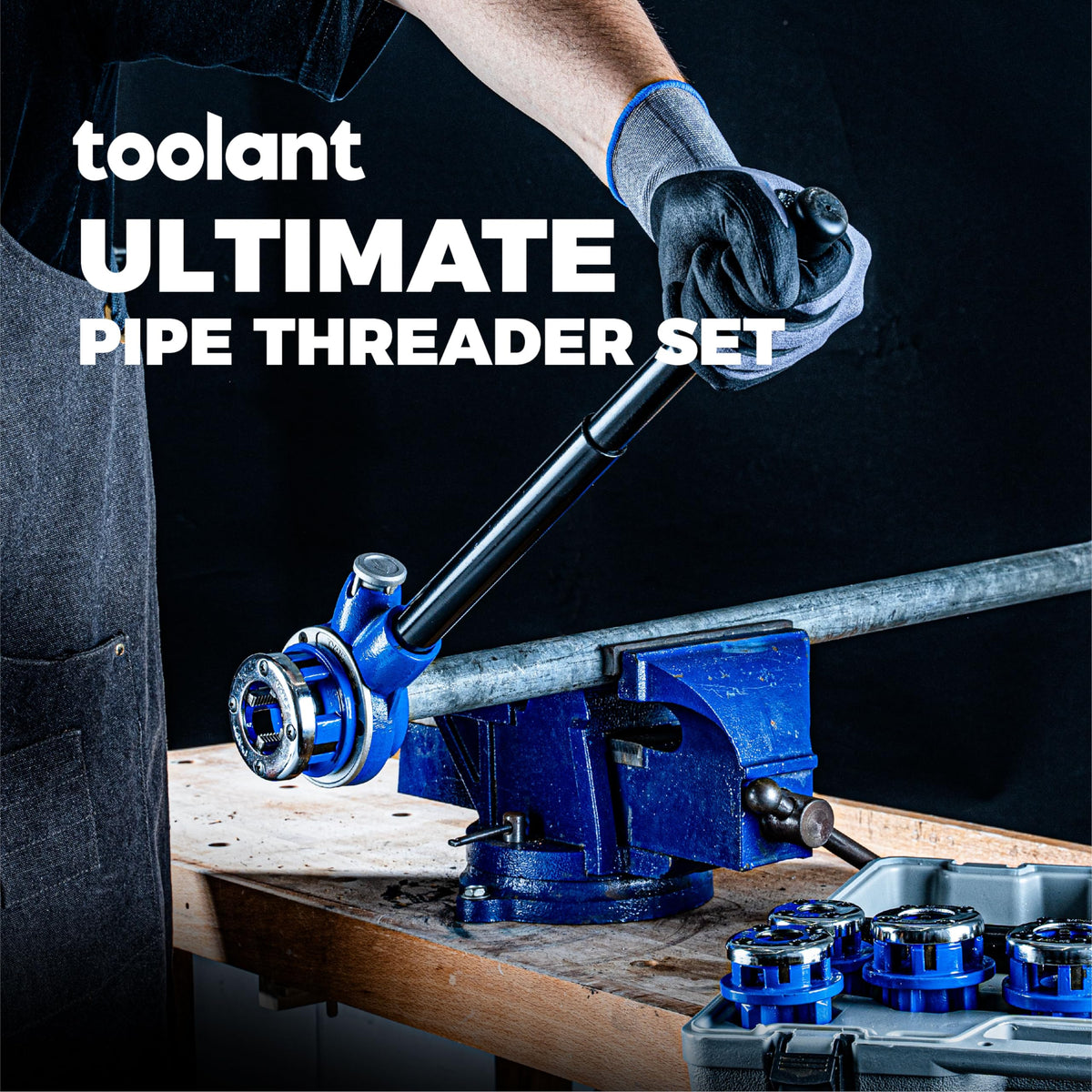 Toolant Ratchet Pipe Threader Kit in-use with galvanized pipe