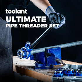 Toolant Ratchet Pipe Threader Kit in-use with galvanized pipe