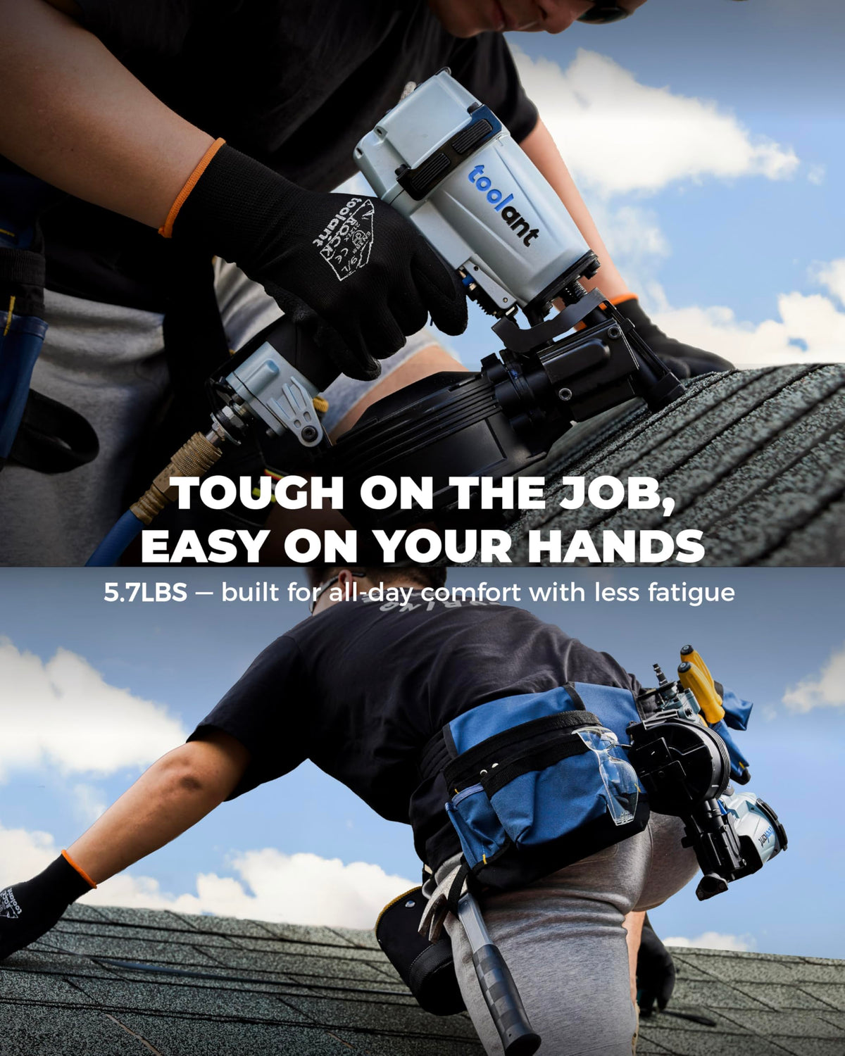 Toolant roofing nailer weighs 5.7 pounds for easy handling.