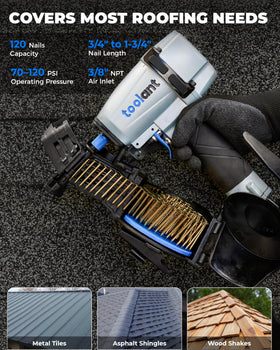 Toolant roofing nailer ready for 3/4-inch to 1-3/4-inch nails for versatile roofing tasks.
