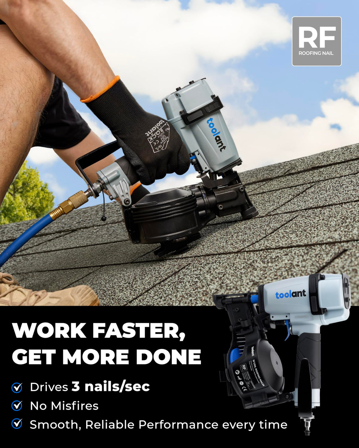 Toolant roofing nailer on a wooden fence installation for quick fastenings.