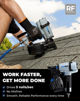 Toolant roofing nailer on a wooden fence installation for quick fastenings.