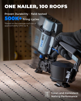 Toolant roofing nailer being used overhead with a comfortable grip for overhead work.