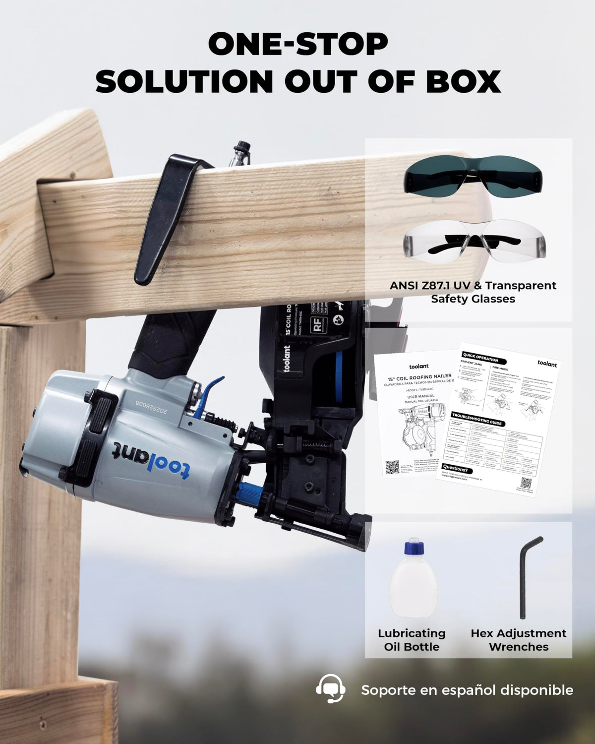 Toolant safety glasses included with nailer for safer operation.
