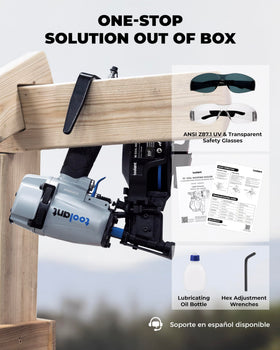 Toolant safety glasses included with nailer for safer operation.