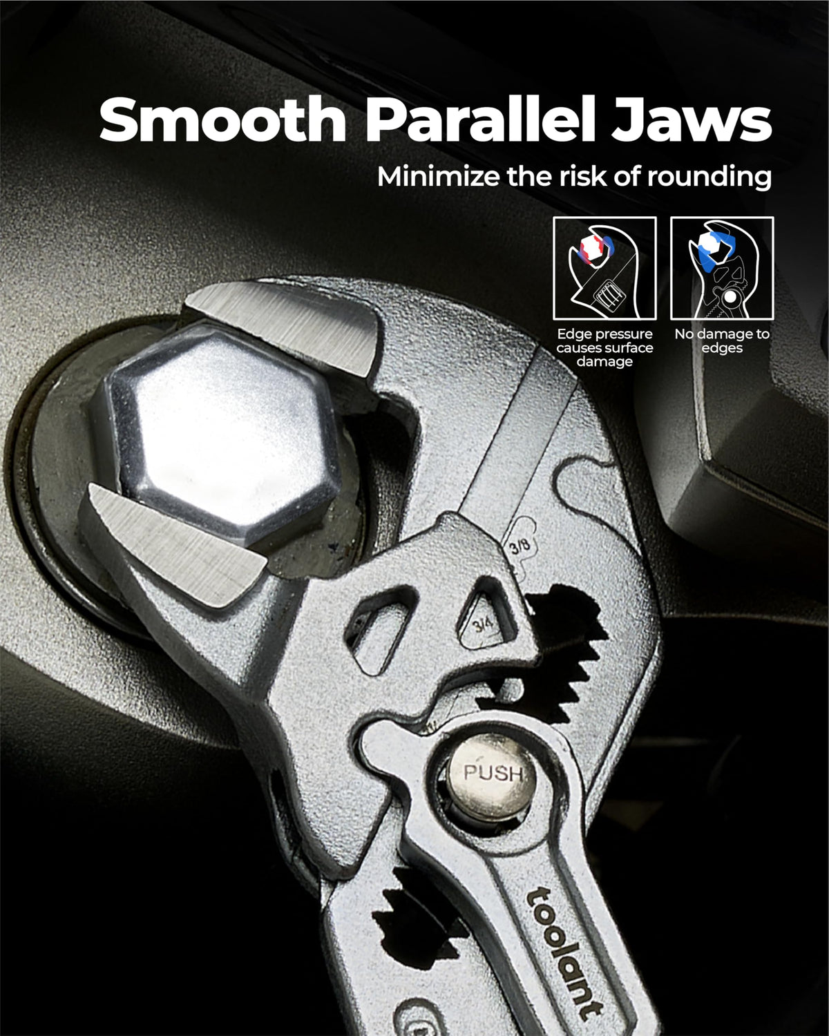Toolant wrench showing smooth parallel jaws for non-damaging grips.