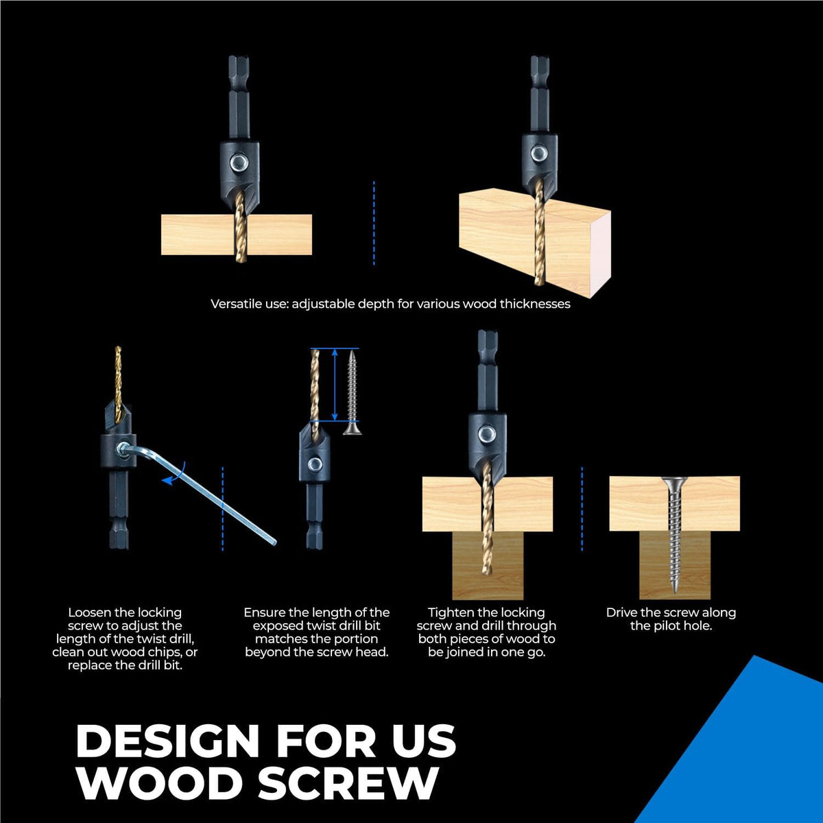 Toolant drill set works with hand, bench, and electric drills for versatile woodworking.