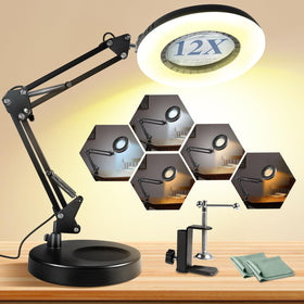 Toolastra 12X magnifying glass with light on stand for precise reading and crafts.