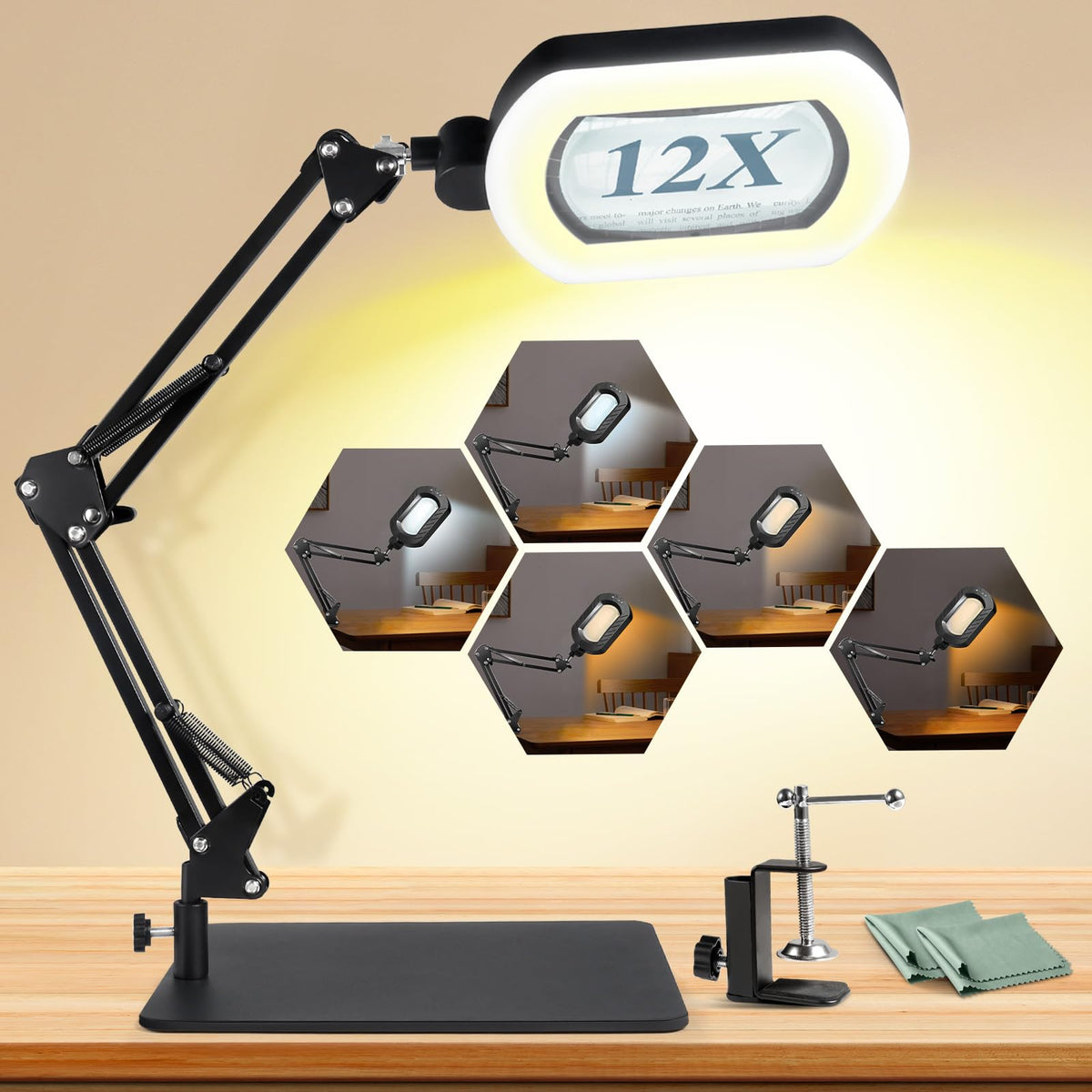 Toolastra 12X square magnifying lamp with stand delivers close-up clarity for crafts and reading.