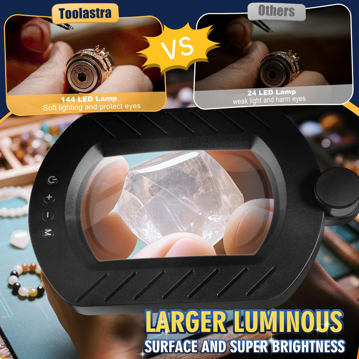 Toolastra magnifier with 144 LEDs provides shadow-free illumination for precise detail work.