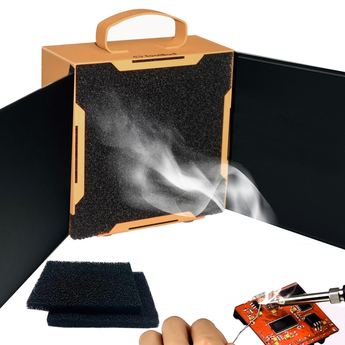 ToolBud upgraded solder fume extractor with magnetic flaps captures smoke efficiently at the desk.