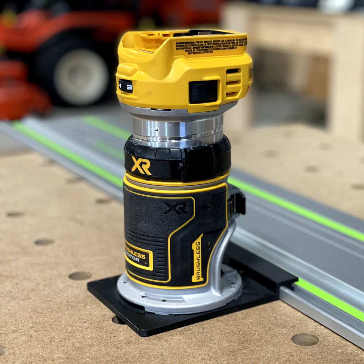 ToolCurve guide rail adapter for Dewalt router enables precise setup and straight cuts.