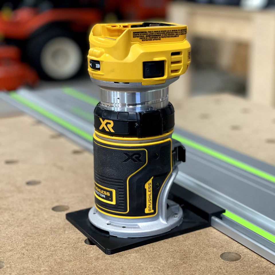 ToolCurve guide rail adapter for Dewalt router enables precise setup and straight cuts.