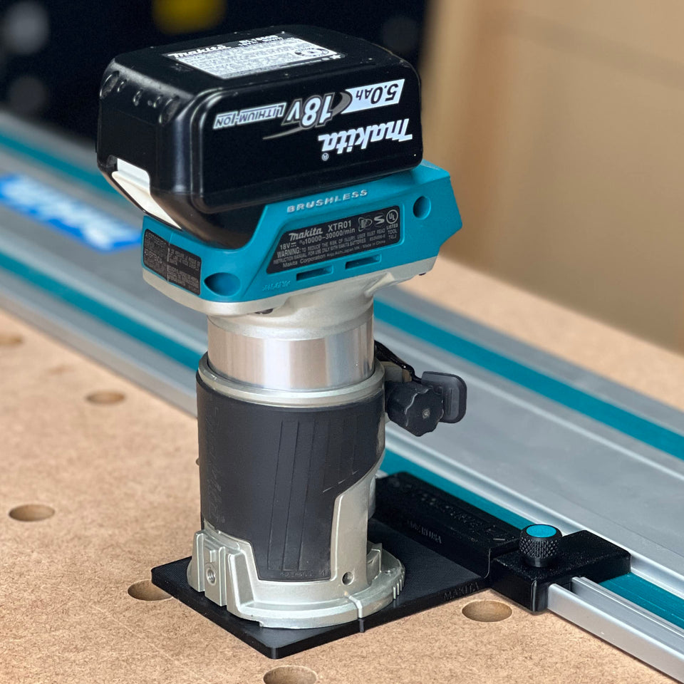 ToolCurve guide rail adapter attached to Makita setup enables precise rail alignment for clean cuts